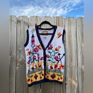 Vintage Garden Knit Sleeveless Cardigan/Vest:Cottage/Retro/Eclectic Grandpa/Boho